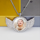 Custom Baby Photo Angel Wings Pendant with Long Chain Rhinestones Necklace Personalized Glass Dome Picture Customized Jewelry