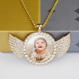 Custom Baby Photo Angel Wings Pendant with Long Chain Rhinestones Necklace Personalized Glass Dome Picture Customized Jewelry