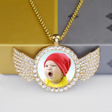 Custom Baby Photo Angel Wings Pendant with Long Chain Rhinestones Necklace Personalized Glass Dome Picture Customized Jewelry