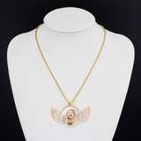 Custom Baby Photo Angel Wings Pendant with Long Chain Rhinestones Necklace Personalized Glass Dome Picture Customized Jewelry